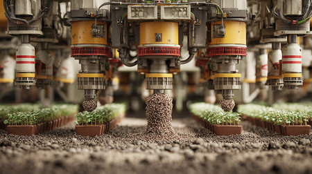 Close-up of industrial plant with seedlings growing in a greenhouseの素材
