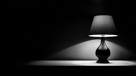 3d render of a black lamp on a dark wall with copy spaceの素材