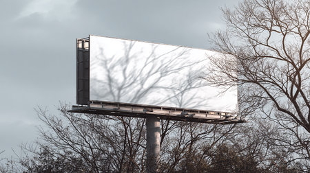 Blank billboard on a city street with bare trees in the backgroundの素材