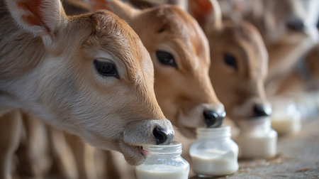 Close up of cow drinking milk in a farm, selective focus.の素材