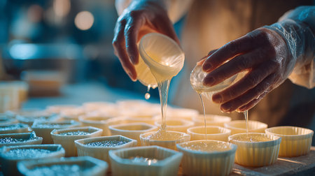 Chef pouring sugar into cupcake mold, closeup of handsの素材