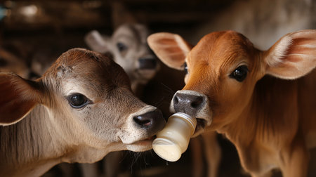Cute little calf with milk bottle in animal farm, closeupの素材