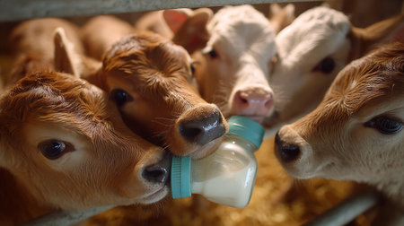 Cute baby calfs drinking milk from bottle in farm, closeupの素材