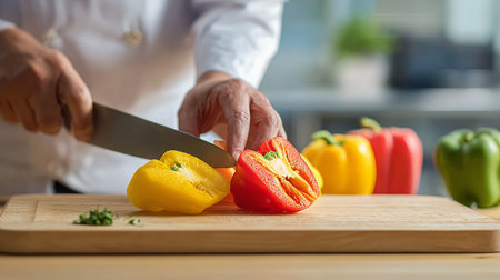 Chef cutting red and yellow bell pepper on wooden board in kitchenの素材