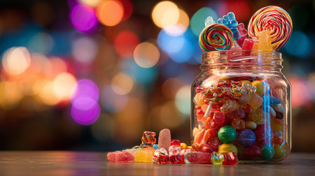 Colorful candies in glass jar on bokeh background.の素材