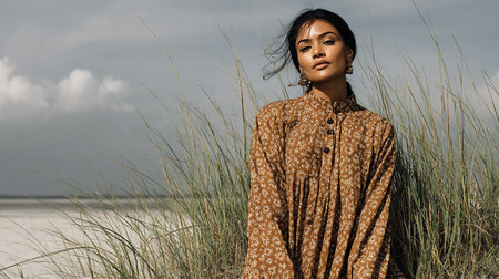 Young beautiful Asian woman in brown dress posing at the beach on a cloudy day.の素材