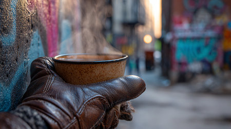 A man's hand holds a cup of coffee in the street.の素材