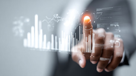 Businessman on blurred background using digital glowing forex chart interface 3D renderingの素材