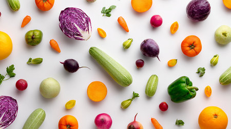 Variety of fresh vegetables and fruits on white background, top viewの素材