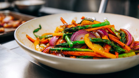 stir-fried asparagus with carrots and onions in a white plateの素材