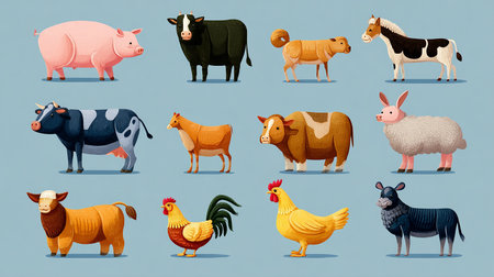 Farm animals vector set. Cows, sheep, chicken, pig, rooster, horse, rooster, goat, pig, sheep, chicken, hen, turkey, hare.の素材
