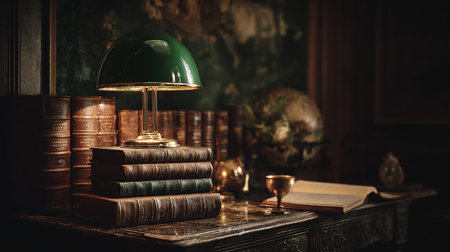 Vintage books and lamp on a wooden table. Retro style.の素材