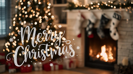 Merry Christmas greeting against christmas tree in living room with fireplaceの素材