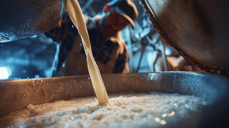 Milk is poured into a metal bowl. Production of ice cream.の素材