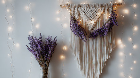 Lavender flowers on a white background with garlands and lightsの素材