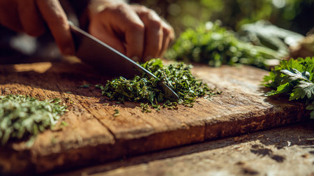 Close-up of a woman cutting parsley on a wooden boardの素材