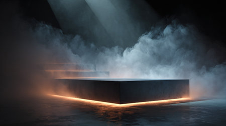 Podium, pedestal or platform in dark room with smoke and spotlights. Mock up, 3D Renderingの素材