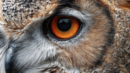 Close-up of an owl's eye with a blurred background.の素材