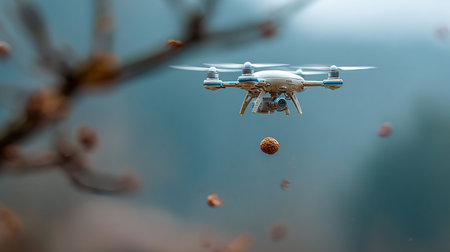 Drone quadcopter with digital camera flying in the sky.の素材