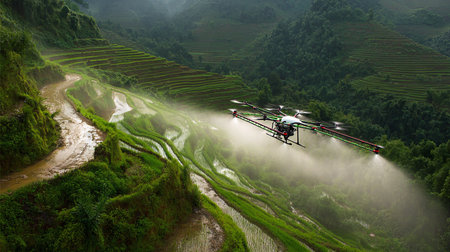 Drone spraying pesticide on rice terraces in Sapa, Vietnamの素材