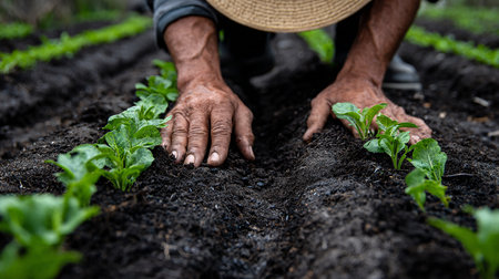 Close up of farmer's hands planting young chard seedlings in the soilの素材