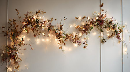 Flower garland on a white wall with lights. Wedding decorの素材