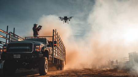 Silhouette of a man flying a quadcopter with a camera.の素材