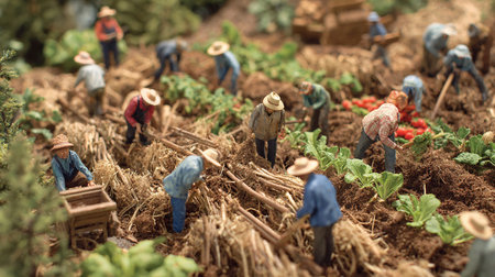 Miniature people : Farmers working in vegetable garden. Selective focus.の素材