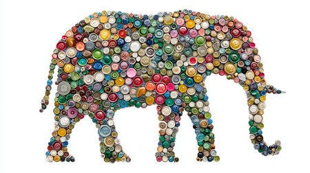 Elephant made of colorful bottle caps, isolated on white background.の素材