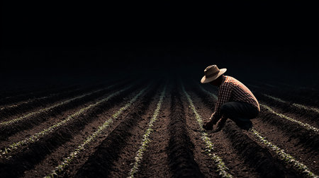 Farmer standing in the middle of the field and examining the soilの素材