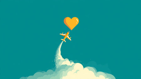 Love and travel concept. Airplane flying in the sky with heart shape.の素材