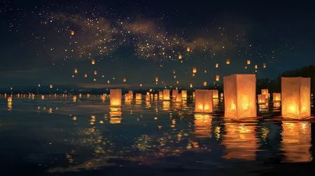 Night scene with floating lanterns and reflection in water, 3d renderingの素材