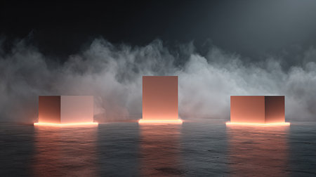 Foggy night scene with glowing cubes. 3D rendering.の素材