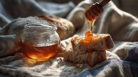 Honey dripping from a wooden honey dipper into a jar with breadの素材