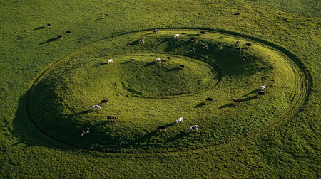 Aerial view of cows grazing in a green meadow at sunsetの素材