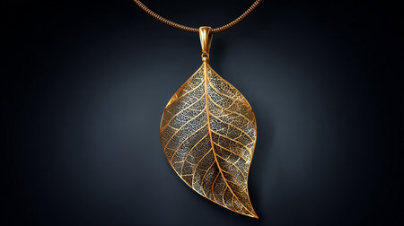 Golden leaf necklace on black background. Luxury jewelry and accessory.の素材