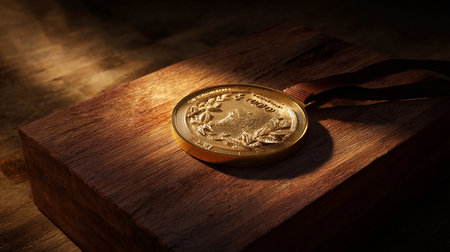 Gold medal on a wooden background. Shallow depth of field.の素材