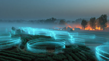Landscape of foggy field in the morning. 3d renderingの素材