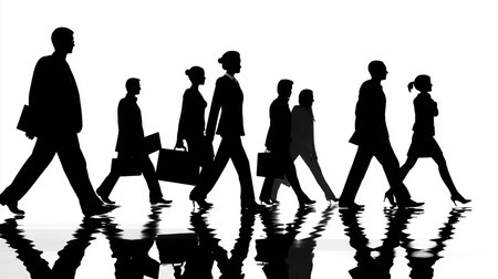 Silhouettes of business people walking in a line on white backgroundの素材