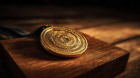 Gold medal on a wooden table. Close-up. Selective focus.の素材