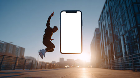 Jumping woman with mobile phone. Mixed media. 3d renderingの素材