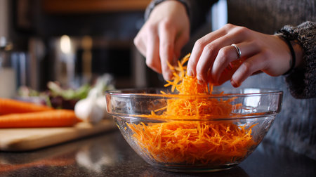 Young woman cutting carrot in the kitchen. Healthy food and vegetarian conceptの素材