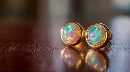 Wedding rings with colorful crystals on a wooden table. Selective focus.の素材