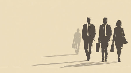 Silhouettes of business people walking in the street. Vector illustration.の素材