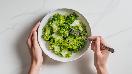 cropped shot of woman holding fork and lettuce in bowlle surfaceの素材