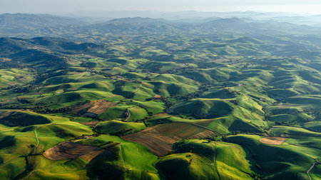 Aerial view of the rolling hills and valleys of the Italian countrysideの素材