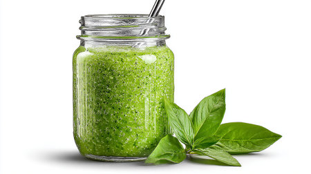 Fresh basil smoothie in glass jar with straw isolated on white backgroundの素材