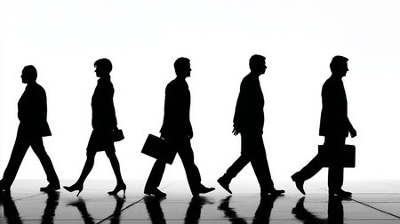 Silhouette of a group of business people walking in the streetの素材