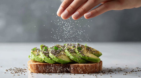 Avocado toast with chia seeds on grey table, closeupの素材