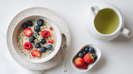 Oatmeal porridge with fresh berries and a cup of green tea on a white backgroundの素材